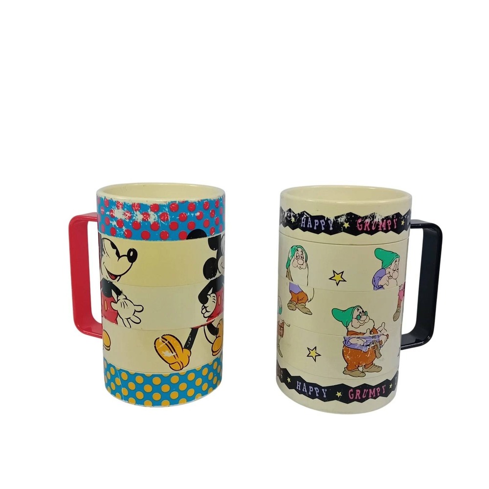 Set x2 Vintage Elandia Walt Disney Mickey Mouse Rotating Slider Mix Mug Plastic